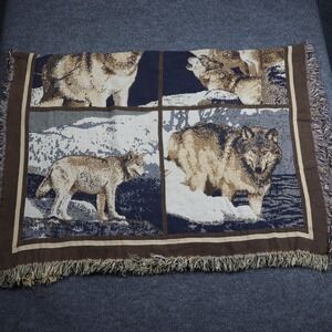 Vintage Goodwin Weavers Wolf Throw Blanket 45x62 Cotton Fringe Made USA Tapestry